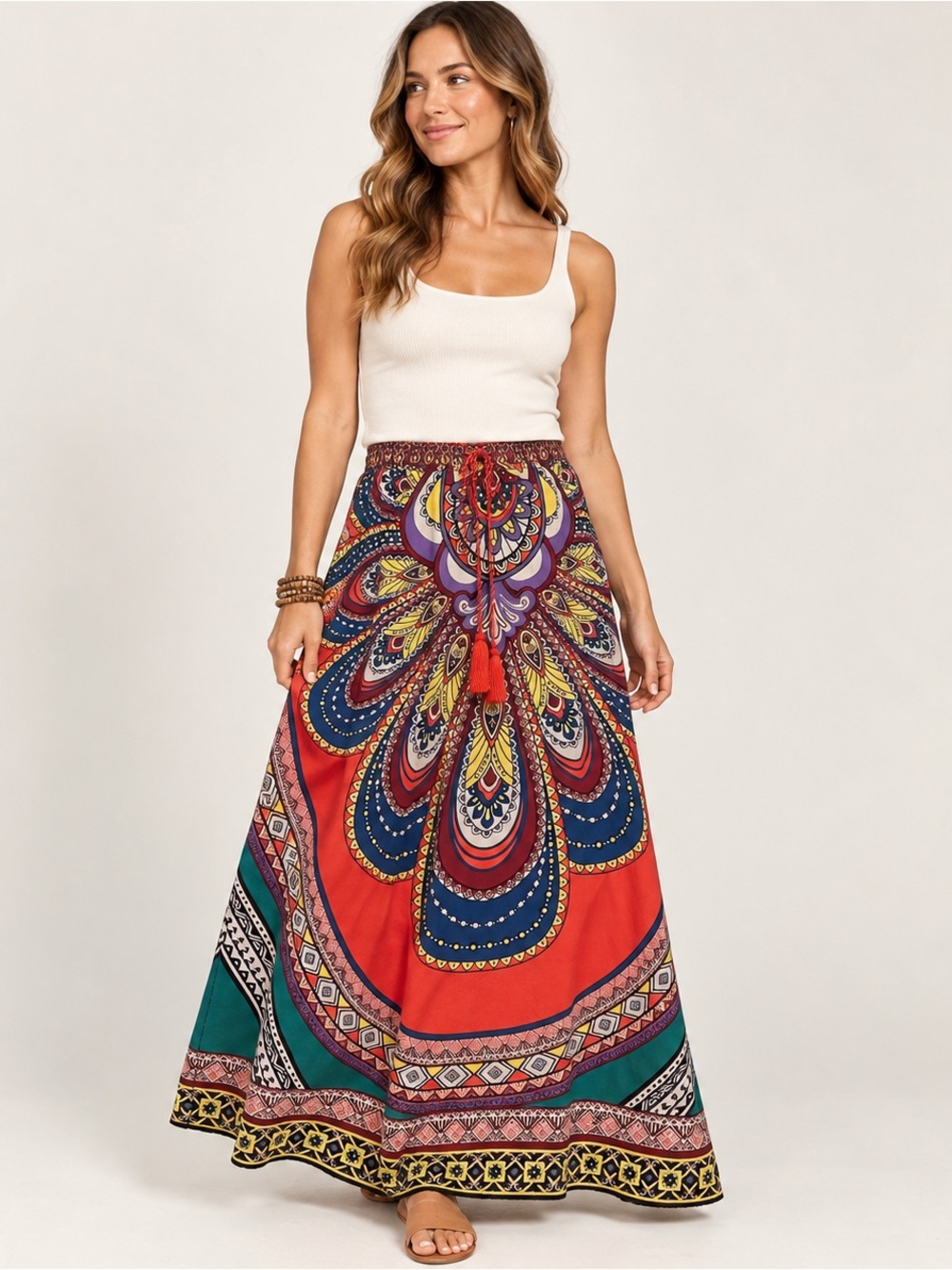 Flying Tomato Boho Maxi Skirt Medium Tassel Waist Colorful